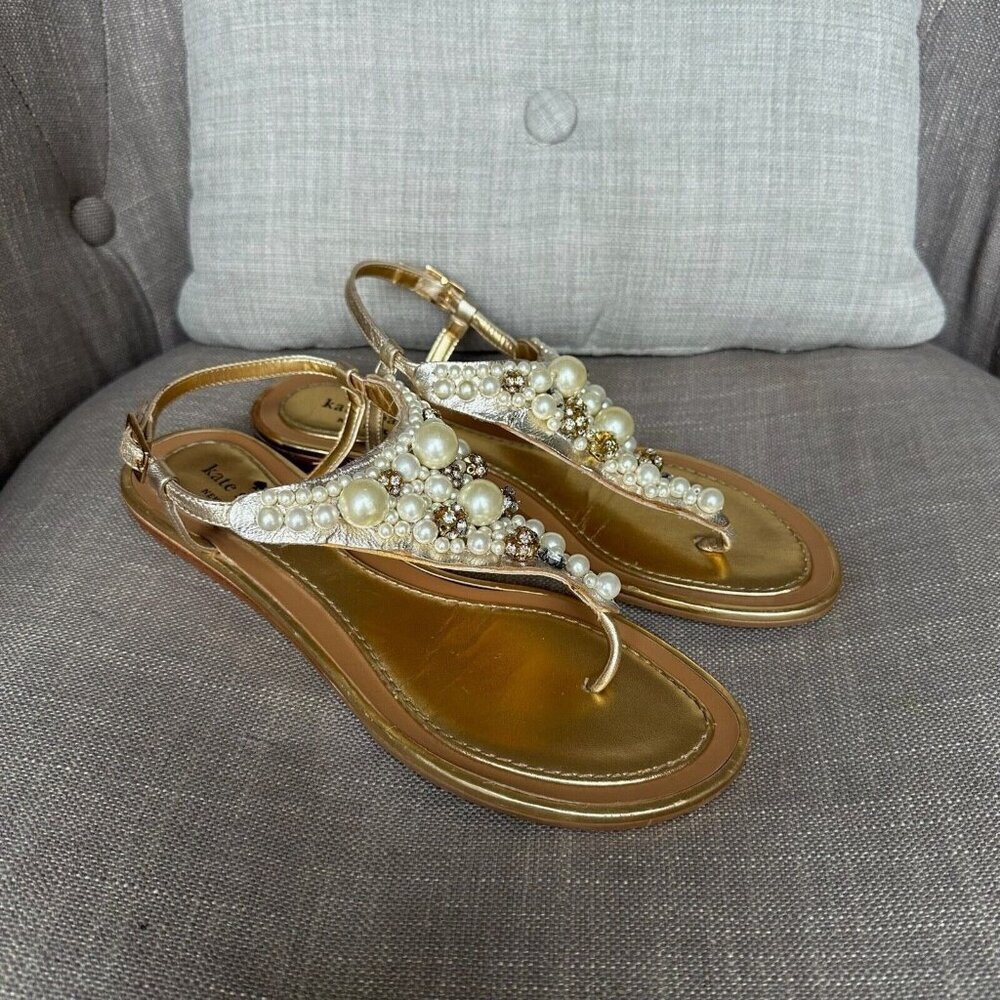 Kate Spade Sandals Womens Sz 7.5 Gold Thong Leather Pearl Ankle‎ Strap Flats